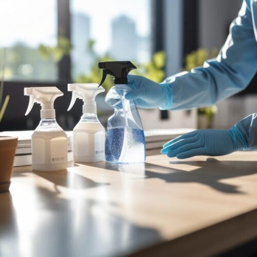 sanitization-office-desk-by-professional-cleaning-staff-using-sprays-wipes_157027-2972 A person in a blue suit spraying a bottle of cleaning solution providing house cleaning service.