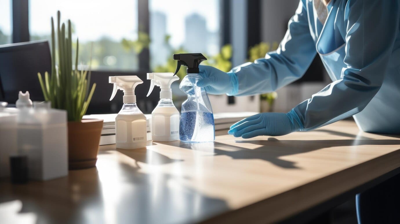sanitization-office-desk-by-professional-cleaning-staff-using-sprays-wipes_157027-2972 A person in a blue suit spraying a bottle of cleaning solution providing house cleaning service.